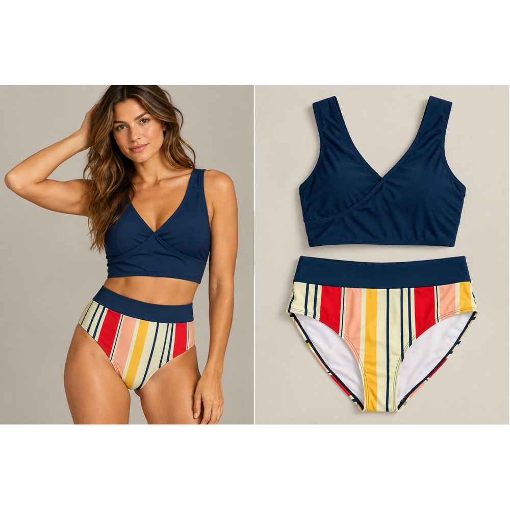 NWT Nani Swimwear Bikini Set L Navy Stripe Switch V Crop Makani Midrise Surf